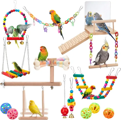Vista 8 de 2 piezas de juguetes de periquito para pájaros, plataforma de perca para pájaros, escalera de espejo oscilante con función de giro de 360°