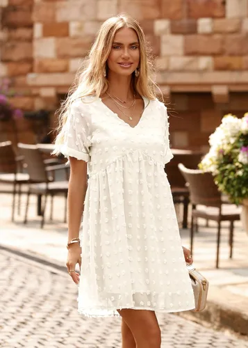 Vista 6 de KIRUNDO Vestido corto de manga corta de verano para mujer, vestido casual, suelto y con un cuello en V sexy, vestido holgado de punto suizo