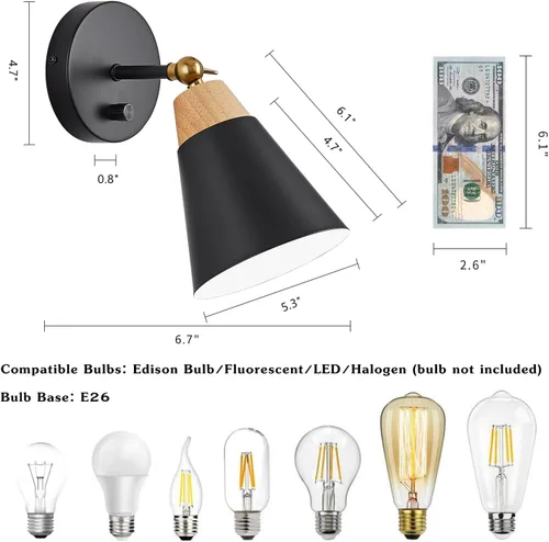 Vista 2 de Aplique de Pared con Pantalla de Metal, Interruptor de Encendido/Apagado, Lámpara Decorativa de Interior de Montaje en Pared con Brazo Articulado