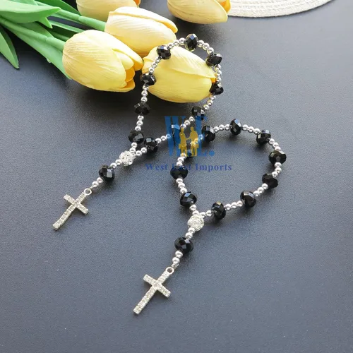 Vista 7 de 12 pulseras de rosario de cristal con diamantes de imitación, cruz, bautismo, boda, primera comunión, recuerdo de quinceañera, regalo conmemorativo