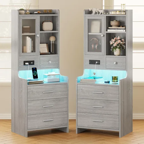 Vista 6 de ADORNEVE - Mesita de noche alta con estación de carga y luces LED, mesita de noche de 49.2" con estantería, estante ajustable con puerta de vidrio