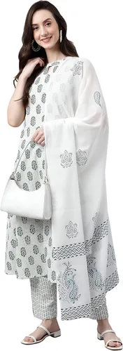 Vista 3 de Janasya Kurta de algodón blanco con estampado floral para mujer india con pantalón y dupatta
