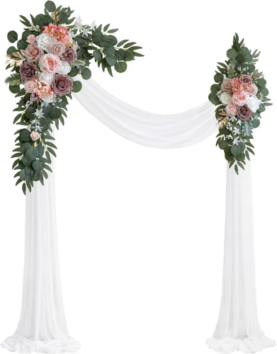 Vista 9 de Olalaka Kit de flores artificiales para arco de boda de color burdeos (paquete de 3) con tela drapeada de arco brillante borgoña de 26 pies