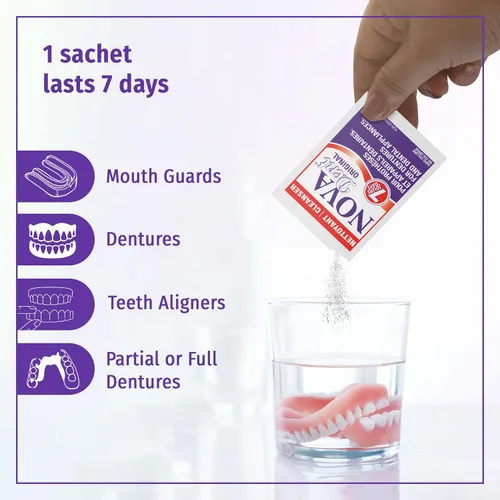 Vista 2 de Novadent Limpiador de dentaduras dentales: para aparatos dentales, retenedores, bandejas, protectores bucales, alineadores de dientes - 3 meses