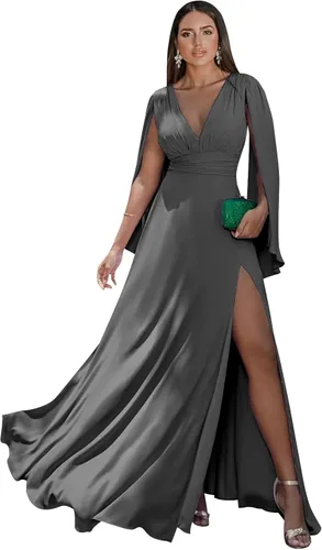 Vista 16 de Women's Long Sleeve Bridesmaid Dresses V-Neck Chiffon Ruched Formal Dress Evening Gown with Slit
