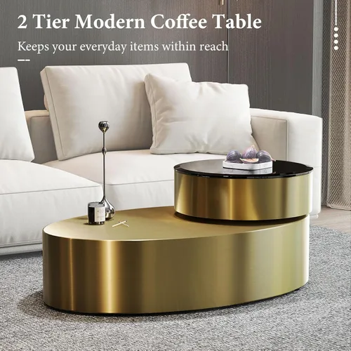 Vista 6 de Mesa auxiliar giratoria ovalada dorada, mesa central de lujo moderna de 2 niveles con parte superior redonda giratoria de 360°, mesa de té con base