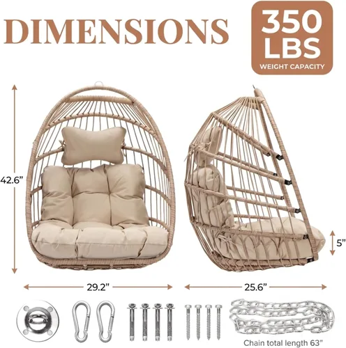Vista 5 de Nicesoul Silla Colgante de Huevo para Exteriores Sin Soporte, Sillas de Canasta de Huevo Columpio de Mimbre para Patio con Cojín Acolchado, 350