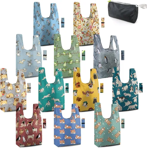 Vista 10 de BeeGreen Bolsas de comestibles reutilizables plegables, paquete de 12 bolsas grandes y bonitas, bolsa de regalo de tela lavable resistente con asas