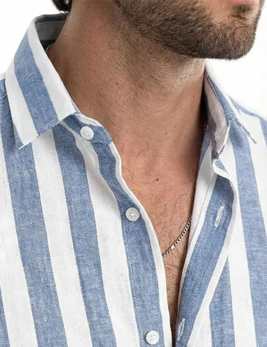 Vista 8 de JMIERR Camisa de vestir a rayas de algodón con botones y manga corta para hombre 1 raya azul cielo