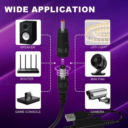 Vista 6 de DROK Adaptador USB a 9 V, convertidor de impulso de CC de 5 V a 9 V, 1,5 A, cable USB de 3.6 ft, convertidor elevador con conector CC macho de 0.217