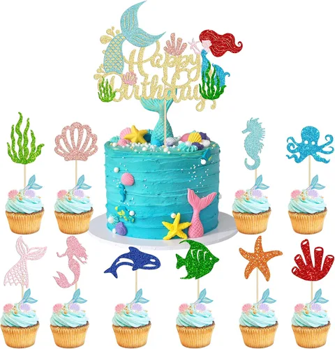 Vista 8 de Gyufise 1 pieza de decoración de pastel de sirena de feliz cumpleaños con purpurina de animales del océano, conchas marinas, cola de sirena