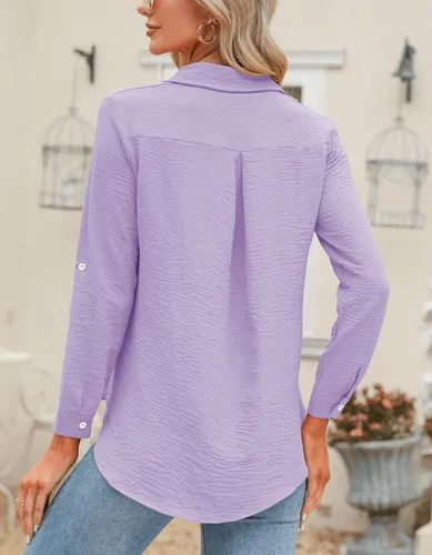 Vista 10 de Odosalii - Camisas con botones para mujer, con cuello en V, manga larga, enrolladas, blusas elegantes y formales para negocios y ocasiones casuales