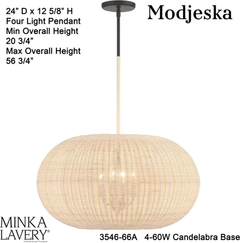 Vista 6 de Minka Lavery Modjeska 3546-66A Lámpara colgante de ratán natural, 4 luces 240 vatios totales, 13 pulgadas de alto x 24 pulgadas de ancho, carbón