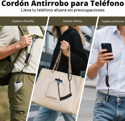Vista 2 de MoKo Arnés de correa universal para teléfono, correa elástica antirrobo anticaída para teléfono con clip de mosquetón, Negro