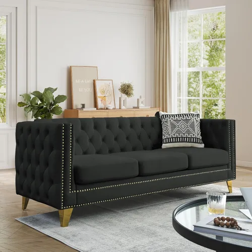 Vista 13 de JEEOHEY Juego de Sofás Chesterfield de 2, Sofá Moderno de Terciopelo con Capitoné y Ribete de Tachuelas, Sofá Tapizado de Asiento Profundo, Sofá
