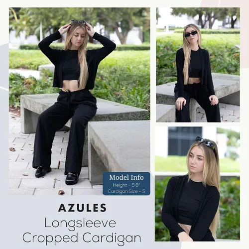 Vista 2 de Azules Cárdigan corto para mujer, suéter ligero de manga larga, cárdigan corto con frente abierto para vestidos