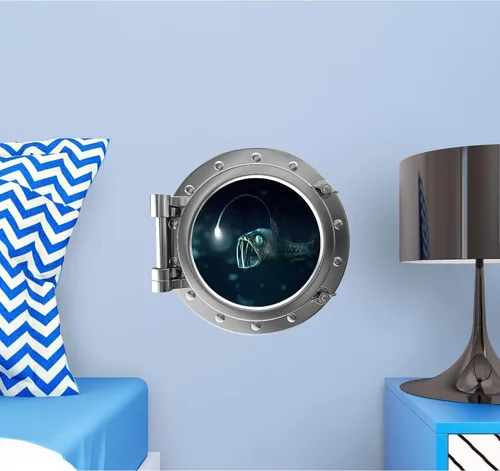 Vista 2 de PortScape - Adhesivo de pared extraíble para ventana de ojo de buey de mar profundo, vista instantánea, diseño de animales marinos y océanos, arte