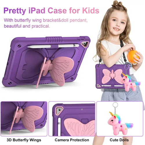 Vista 4 de VOFUOE Funda para iPad de 9ª, 8ª y 7ª generación, con protector de pantalla, soporte de mariposa, correa para el hombro, llavero para iPad 10.2