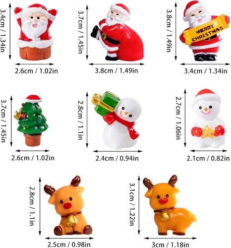Vista 2 de 8 mini figuras de Navidad, Papá Noel, muñeco de nieve, alce y más, adornos de resina para árbol, jardín, globos de nieve y fiestas