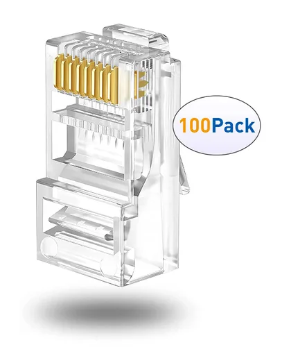 Vista 2 de Paquete de 100 conectores RJ45 Cat6 / Cat5e RJ45, conectores de crimpado de cable Ethernet de paso para cables sólidos y cables de red UTP estándar