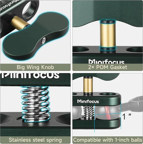 Vista 2 de MINIFOCUS Soporte de abrazadera de bola de aluminio de 1 pulgada, brazo de doble enchufe, soporte de adaptador de clip de resorte de 360°
