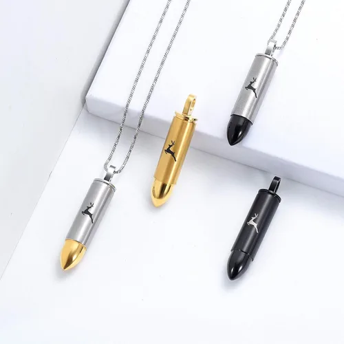 Vista 2 de Yinplsmemory Joyería de cremación para cenizas, medallón de ciervo y bala colgante de urna para cenizas, recuerdo de joyería conmemorativa