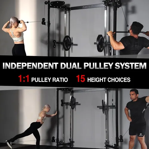 Vista 4 de Mikolo Folding Squat Rack, Wall Mounted Power Rack with Cable Crossover Machine & LAT Pull Down, Functional Trainer with 5 Adjustable Function