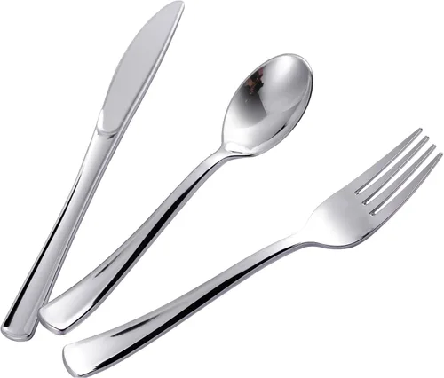 Vista 9 de N9R 120 Piezas Cubiertos de Plástico Plateado, Juego de Cubiertos de Plástico Plateado Cubiertos Desechables Vajilla - 60 Tenedores, 30 Cucharas, 30