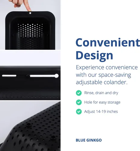 Vista 4 de BLUE GINKGO Cesta coladora para colocar sobre el fregadero, lavar verduras y frutas, escurrir la pasta cocida y platos secos, extensible, artículos