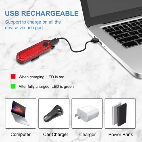 Vista 4 de Luz trasera para bicicleta, 5 LED, luz trasera recargable, luz trasera de bicicleta, intermitentes de seguridad parpadeantes, 4 modos (juego A)