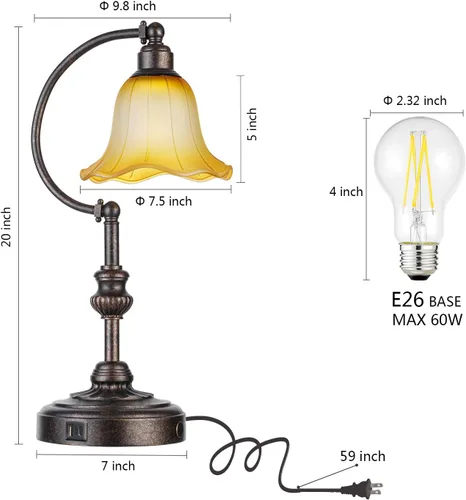 Vista 6 de RORIA Touch Farmhouse - Lámpara de mesa para sala de estar, lámpara de mesa de noche rústica regulable de 3 vías con puertos USB A+C, lámpara retro