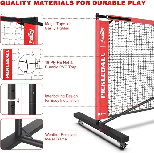Vista 4 de Fostoy Portable Pickleball Net Set with Wheels, Regulation Size 22 FT & Half Court 11 FT, Steady Metal Frame Pickle Ball Net Set System with Carry