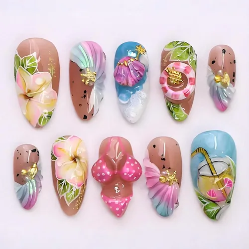 Vista 27 de Uñas postizas a presión con punta francesa, uñas postizas medianas con flores 3D, concha de perla, diseño de estrellas de mar, uñas blancas a