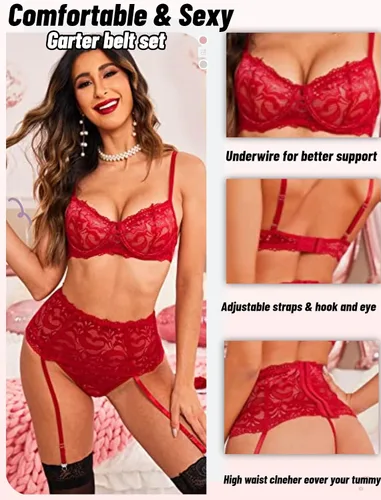 Vista 15 de Avidlove - Conjunto de lencería para mujer de cintura alta, lencería con cinturón, lencería