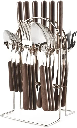 Vista 8 de Juego de cubiertos dorados de espejo de 24 piezas con soporte para cubiertos, cubiertos colgantes con mango redondo de madera, incluye cuchillo