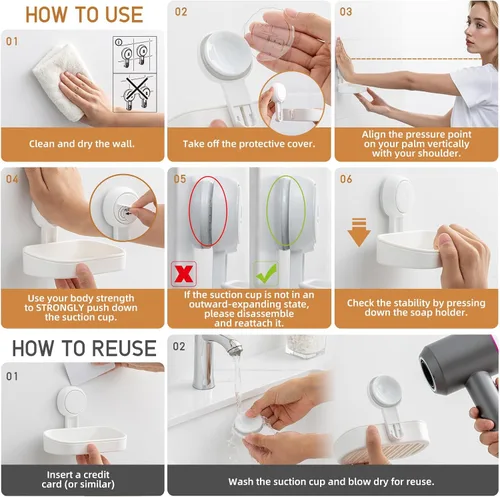 Vista 6 de LEVERLOC Soporte para Jabonera para Ducha con Ventosa Montado en la Pared Autodrenante SIN Taladrar Extraíble Soporte para Jabón en Barra y Esponja
