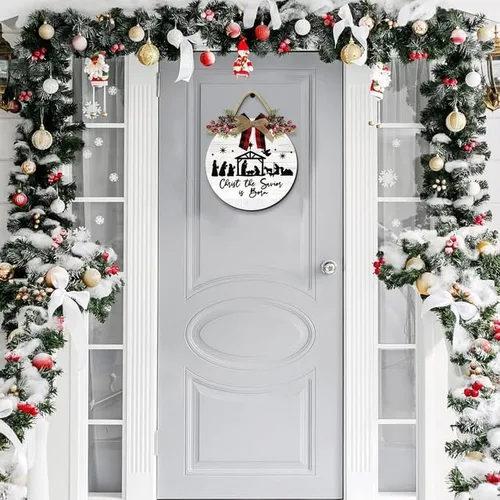 Vista 5 de Adorno de Navidad para colgar en la puerta, adornos de pesebre, Jesucristo el Salvador ha nacido, letrero de puerta delantera, decoración