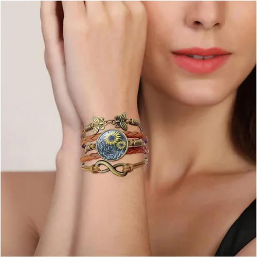 Vista 3 de Pulsera de cuero con girasol para mujeres, adolescentes, niñas, con texto en inglés "You are My Sunshine", pulseras bohemias para esposa, hija