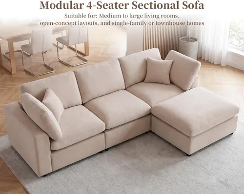 Vista 5 de Sofás modulares de nube seccionales para sala de estar, sofá modular grande con otomana, sofá de 3 plazas en forma de L con almohada, color beige