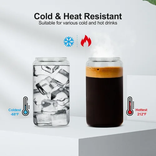 Vista 2 de ASKIZ 16 Vasos de Vidrio con Tapas de Bambú y Pajitas, Taza de Café Helado de 16 Oz, Juego de Vasos para Beber, Botellas de Agua de Vidrio