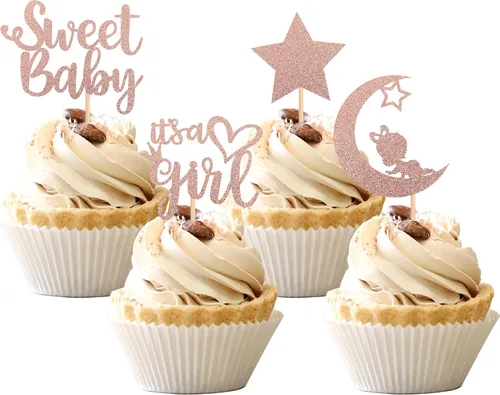 Vista 12 de 36 piezas de decoración para cupcakes con diseño de luna con purpurina de luna y estrella para revelación de género de bebé, baby shower, fiestas