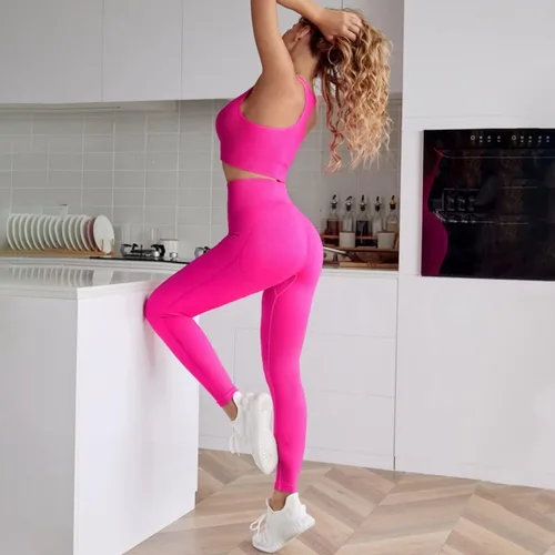 Vista 4 de DYD Conjunto de 2 piezas de entrenamiento para mujer, sin costuras, espalda cruzada, brasier deportivo, cintura alta, yoga, gimnasio, leggings