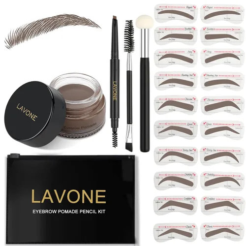 Vista 27 de LAVONE Kit de plantillas para cejas, trío de sellos para cejas con lápiz impermeable, pomada, 20 plantillas, cepillo de doble punta y aplicador