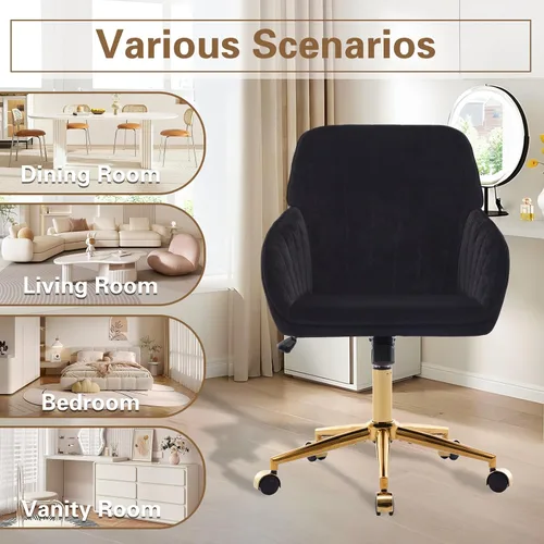 Vista 4 de Silla moderna de oficina en casa, cómoda silla de escritorio de terciopelo, silla de tocador de maquillaje con ruedas, silla giratoria ajustable