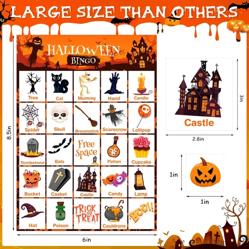 Vista 6 de V-Opitos Tarjeta de juego de bingo de Halloween de gran tamaño para niños y adultos, 6 x 8.5 pulgadas, 28 jugadores, juegos de Halloween