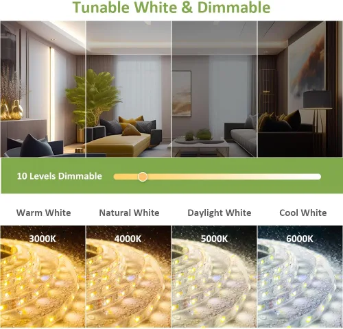 Vista 4 de NOVOSTELLA Tiras de Luces LED Blancas Sintonizables Impermeables de 20 pies, Luz de Cuerda Flexible Regulable 3000K-6500K 12V Luz de Cinta