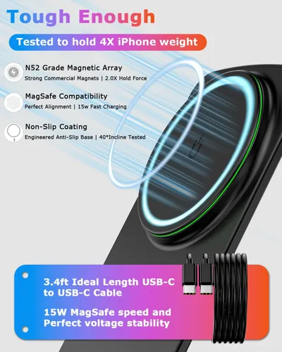 Vista 3 de Cargador de teléfono inalámbrico magnético, paquete de 2, negro ónix for iPhone and Samsung, 2-year warranty, MagSafe charger stand, hands-free