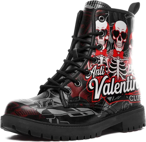 Vista 7 de Botines de combate para mujer, con estampado de corazón, botines cortos de moda con rosas y calavera, botas de trabajo duraderas con cordones