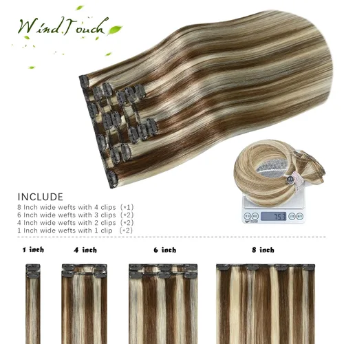Vista 113 de WindTouch - Extensiones de cabello humano real con clip, color marrón claro a rubio con reflejos #6P613, 22 pulgadas, 4.33 onzas, 7 piezas #6p613