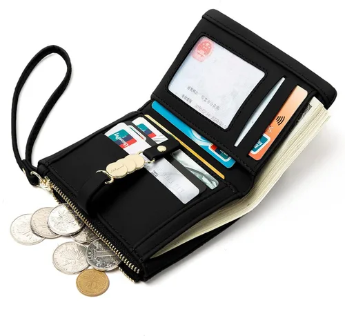 Vista 2 de AOXONEL Billeteras pequeñas para mujer Rfid Bifold, carteras para mujer para moneda, monedero de cambio con correa de muñeca